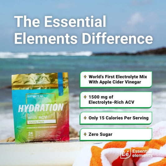 Essential Elements Hydration Packets - Variety Pack - Sugar Free Electrolytes Powder Packets - 15 Stick Packs Of Electrolytes Powder No Sugar - Hydration Drink - With Acv & Vitamin C