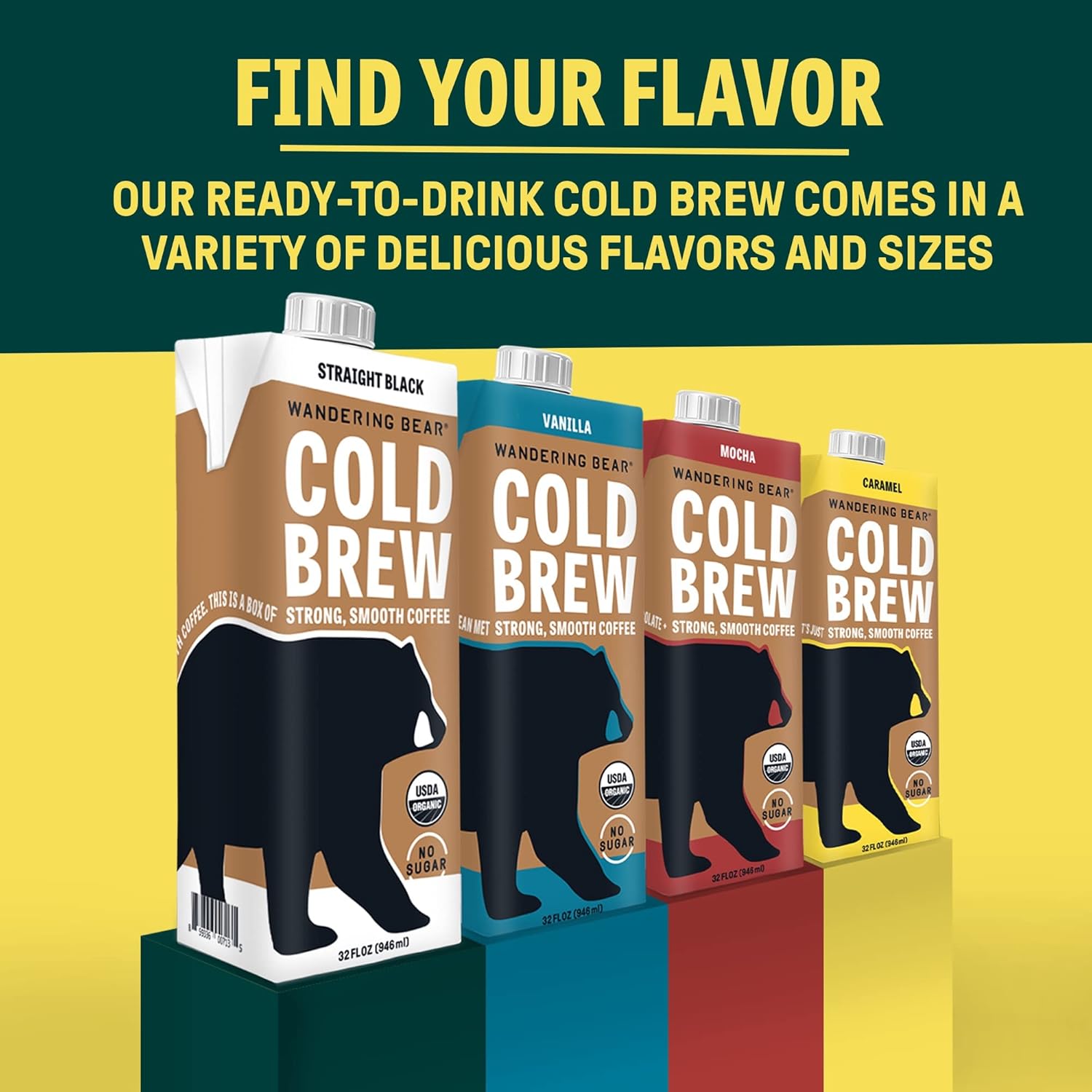 Wandering Bear Decaf Cold Brew Coffee, 32 Fl Oz, 6 Pack - Smooth, Bold, Unsweetened, Shelf-Stable, And Ready To Drink Iced Coffee, Cold Brewed Coffee, Cold Coffee