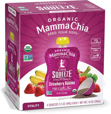 Mamma Chia Organic Vitality Squeeze Snack, Strawberry Banana, Chia Pouches. USDA Organic, Non-GMO, Vegan, Gluten Free, and Kosher. Fruit and Vegetables with only 70 Calories, 3.5 Ounce (Pack of 24)