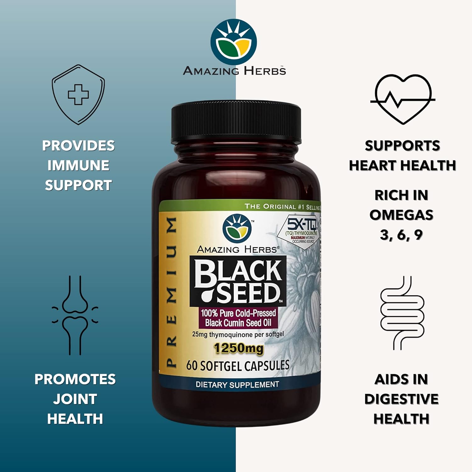 Amazing Herbs Premium Black Seed Oil Capsules - High Potency, Cold Pressed Nigella Sativa Aids In Digestive Health, Immune Support & Brain Function - 60 Count, 1250Mg : Health & Household