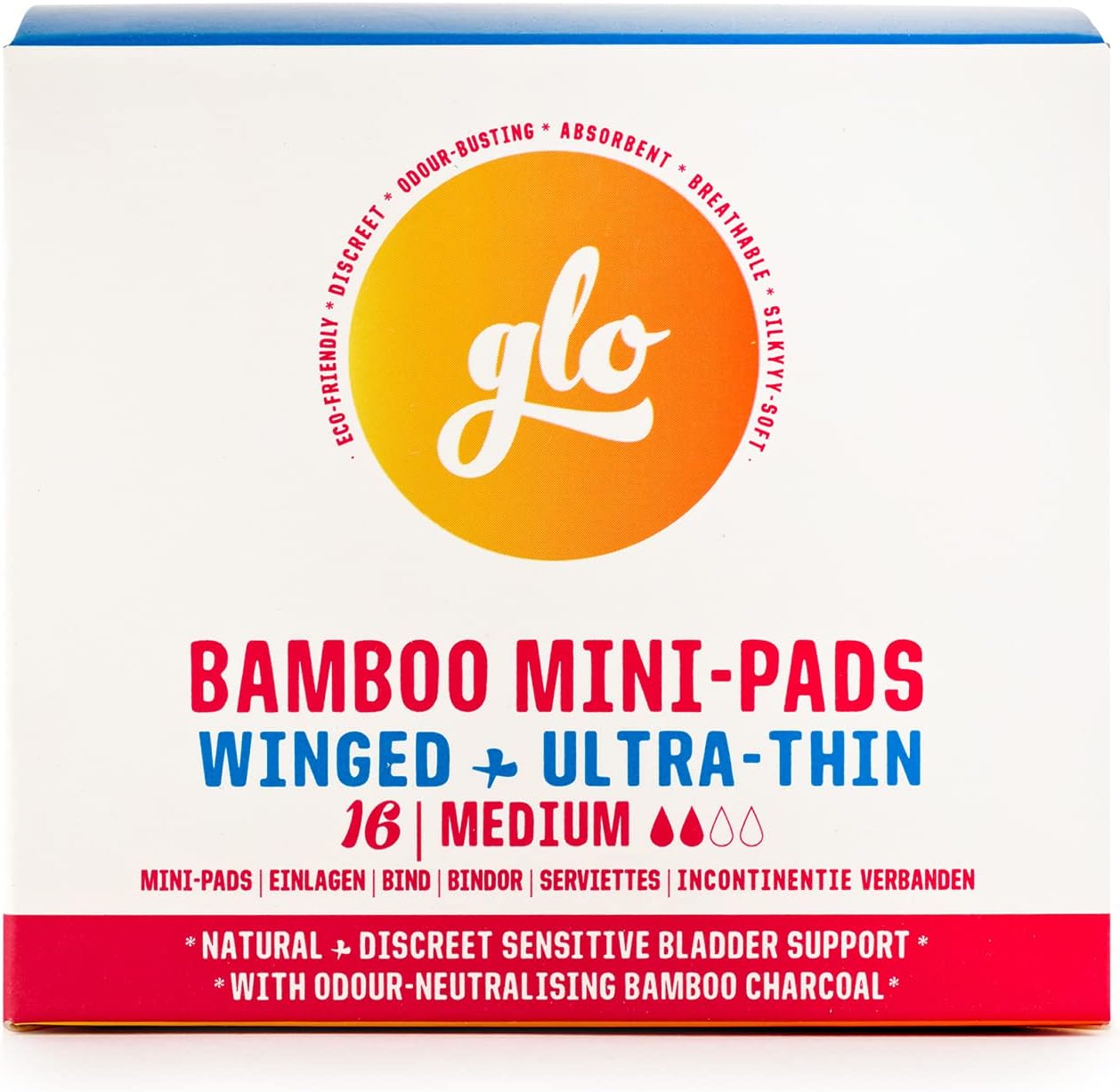 glo - Organic Bamboo Incontinence Mini Pads with Wings, Biodegradable & Plastic Free, 16 Count