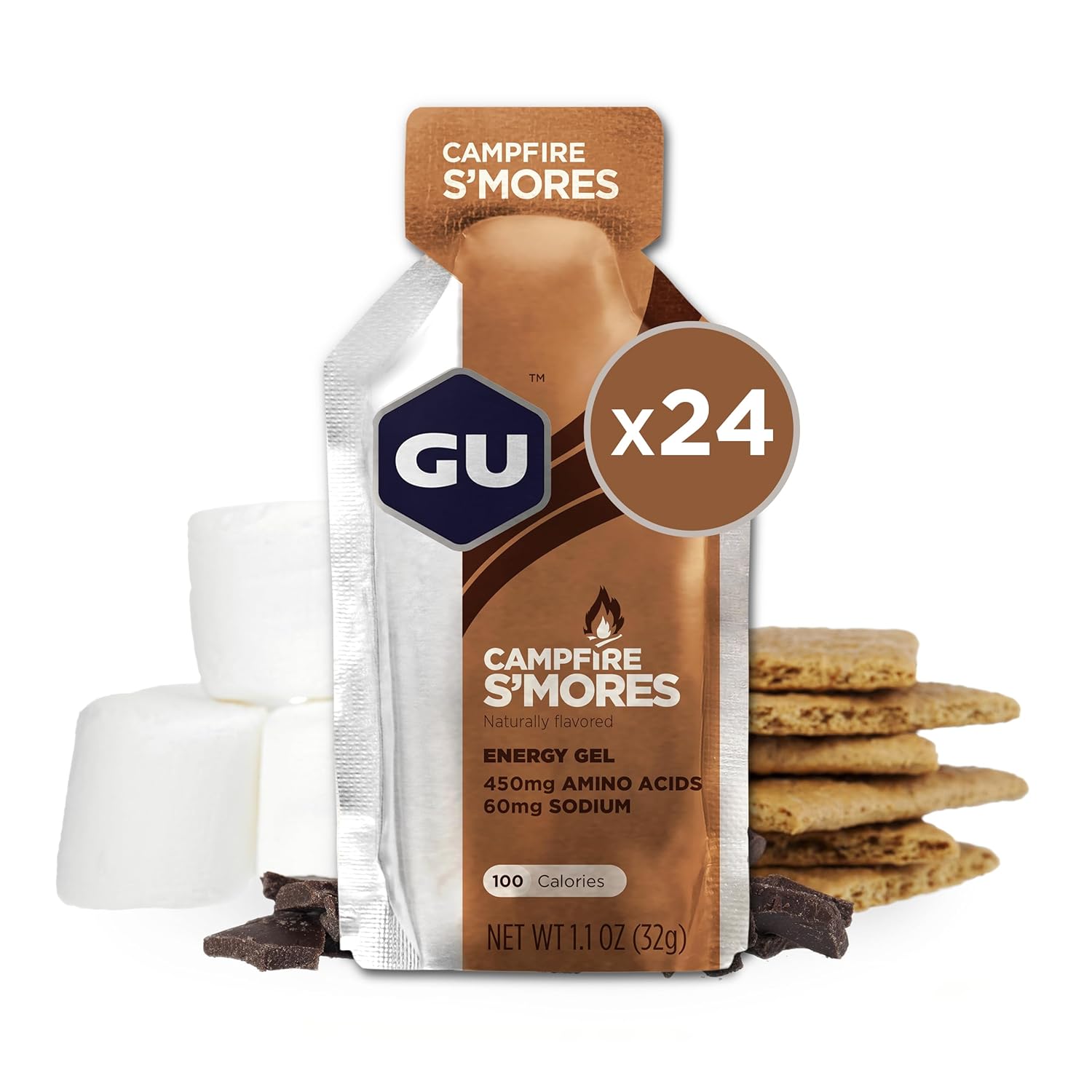 Gu Energy Original Sports Nutrition Energy Gel, Vegan, Gluten-Free, Kosher, And Dairy-Free On-The-Go Energy For Any Workout, 24-Count, Campfire S'Mores