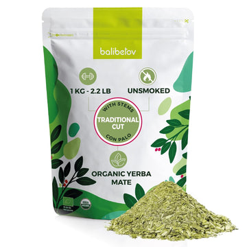 Balibetov Usda Organic Yerba Mate Tea Loose Leaf, 2.2. Lb. Bag, Natural Traditional Cut, Clean High Energy, Unsmoked Artisanal, Gluten Free, Vegan Friendly, Hot Or Cold Drink (2.2 Pounds (Pack Of 1), Traditional Cut)