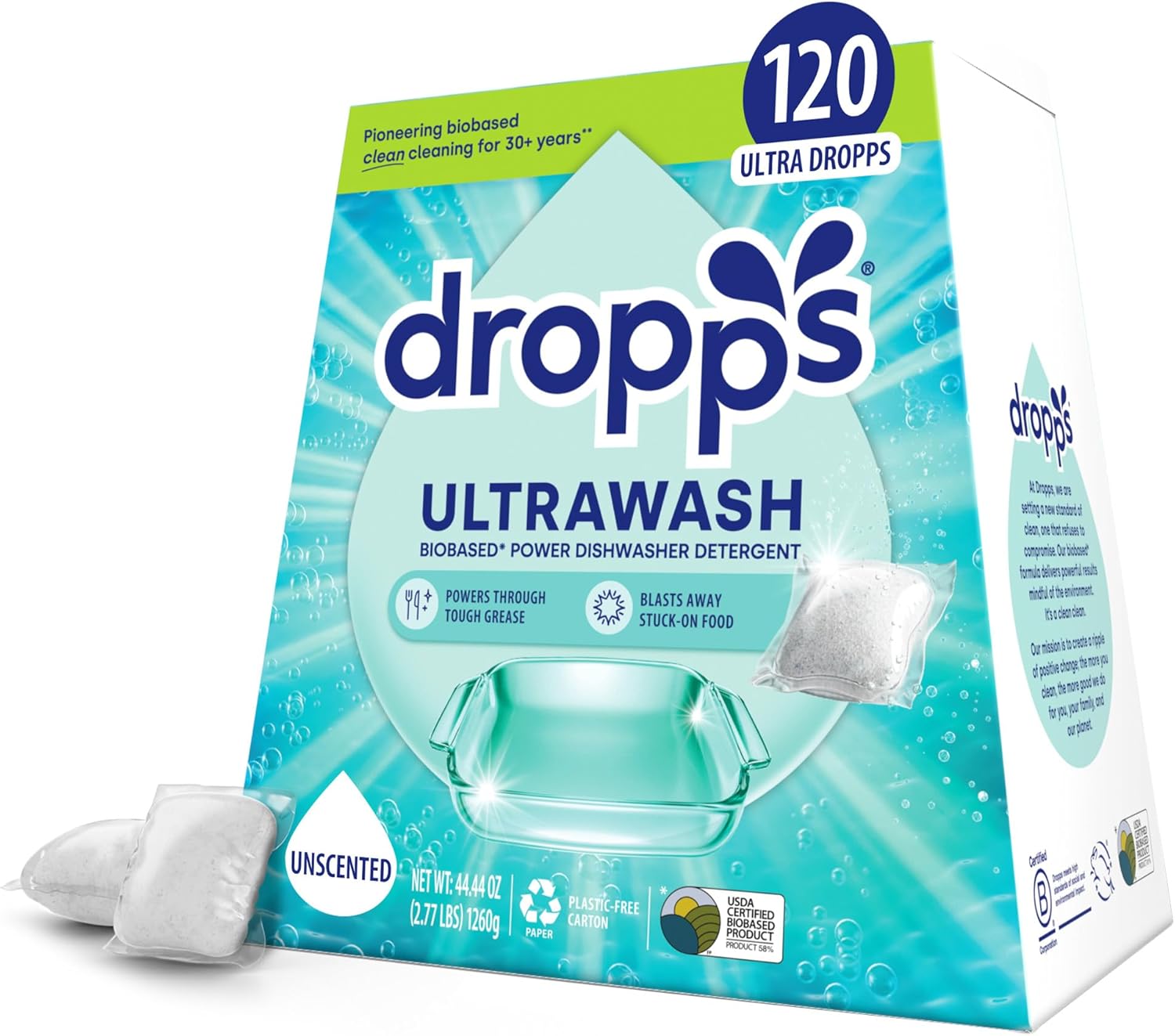 Dropps Ultrawash Plus Dishwasher Detergent, Lemon Citrus (64 Pods) - Triple Action Biobased Power Deep Clean Dishwasher Detergent Tablets For Tough Stains - Dishwashing Pods For Shiny Dishes