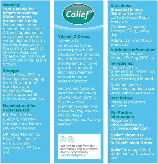Colief Vitamin D 3 Drops | The Infant'S Sunshine Vitamin For Immune Support | Liquid Vit D3 Supplement For Babies From Birth | Suitable For All The Family | 370 Servings | 0.67 Fl Oz