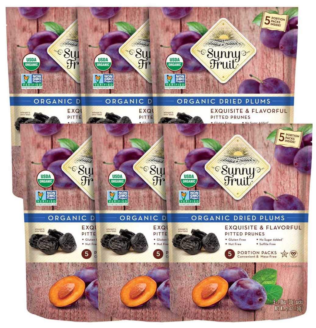 Sunny Fruit Soft Organic Prunes - 6 Bags (30 Individual Portion Packs) | Healthy, Convenient Dried Plums Snack Packs | Organic, Non-Gmo, Vegan, Halal, Kosher, No Preservatives, No Sugar Added