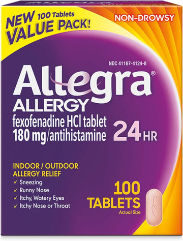 Allegra 24Hr Adult Non-Drowsy Antihistamine Tablets, 100-Count, 24-Hour Allergy Relief, 180 Mg