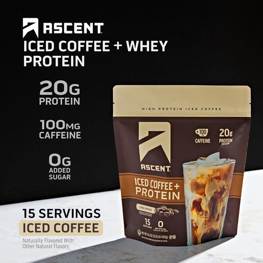 Ascent Iced Coffee Protein Powder - High Protein Coffee Powder, 20 G Protein & 100 Mg Caffeine From Premium Colombian Coffee, Zero Artificial Flavors & Sweeteners - 15 Servings