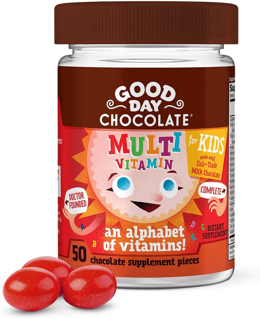 Good Day Chocolate Complete Multivitamin For Kids, Daily Supplement Of Vitamins A, B6, B12, C, D, E, Folate And Biotin, Fair Trade And Non-Gmo Milk Chocolate, 50 Pieces