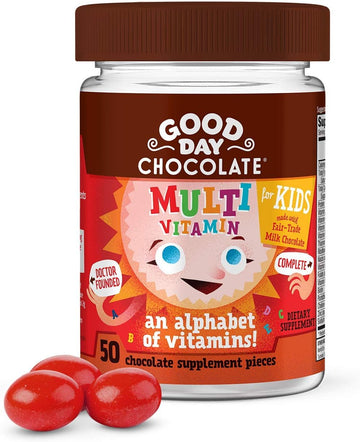 Good Day Chocolate Complete Multivitamin For Kids, Daily Supplement Of Vitamins A, B6, B12, C, D, E, Folate And Biotin, Fair Trade And Non-Gmo Milk Chocolate, 50 Pieces