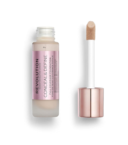 Makeup Revolution Conceal & Define Foundation, Cream Foundation Makeup, Full Coverage, For Light Skin Tones, Vegan & Cruelty-Free, F4, 23Ml