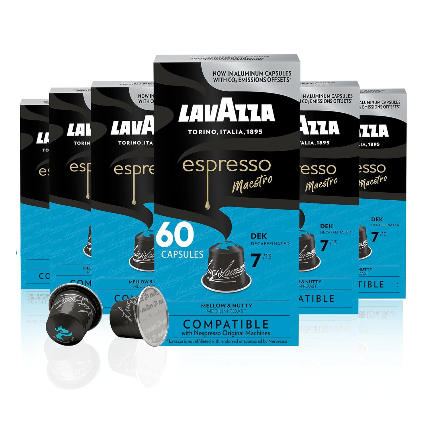 Lavazza Decaffeinato Ricco Espresso Dark Roast Capsules Compatible with Nespresso Original Machines Blended and roasted in Italy, Decaffeinated with sweet, Rich flavor, 10 Count (Pack of 6)
