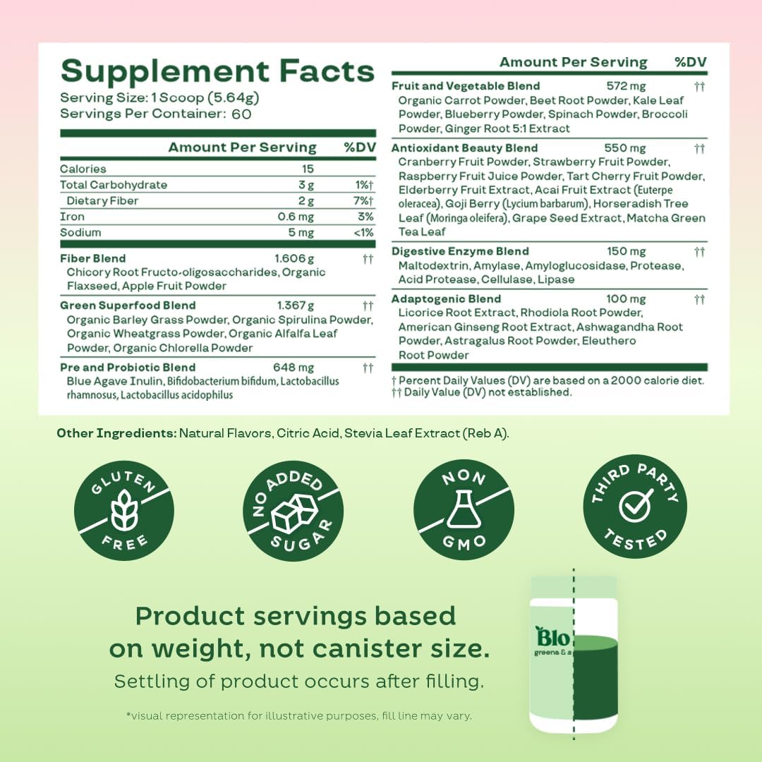 Bloom Nutrition Superfood Greens Powder, Digestive Enzymes With Probiotics And Prebiotics, Gut Health, Bloating Relief For Women, Chlorella, Green Juice Mix With Beet Root Powder, 25 Svg, Berry : Health & Household