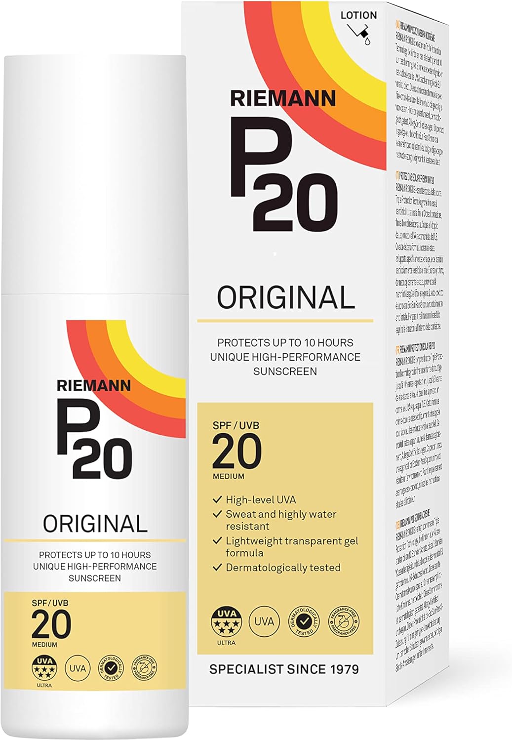 Riemann P20 Original Spf20 Lotion 100Ml, Advanced Sunscreen Protection, High Performance, Triple Protection + Sweat Resistance, Protects Up To 10 Hours, Very Water Resistant, Medium Level Uva