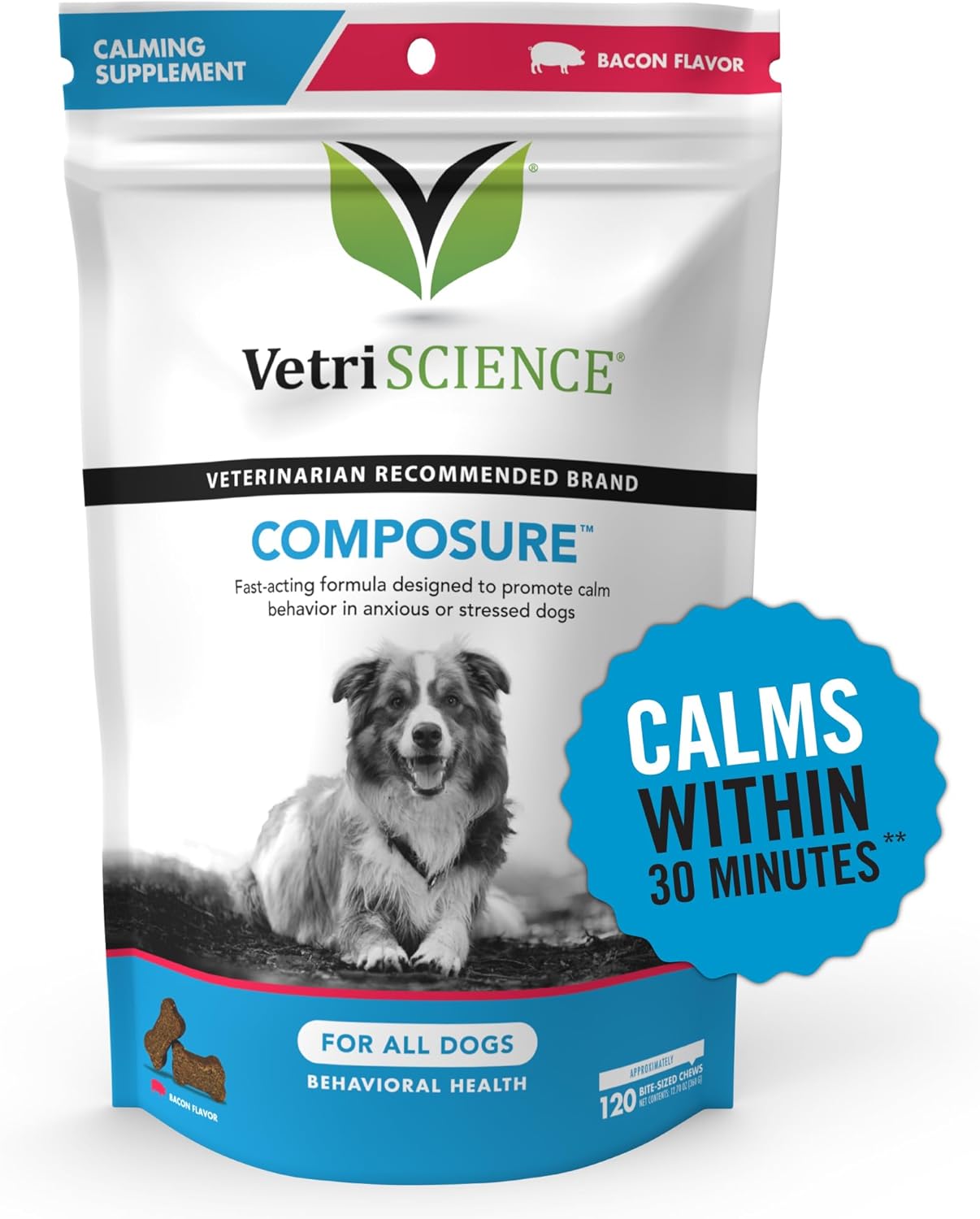 VETRISCIENCE Composure Calming Chews for Dogs - Clinically Proven Dog Anxiety Relief Supplement with Colostrum, L-Theanine & Vitamin B1 for Stress, Storms, Separation & More - 120 Count, Bacon Flavor