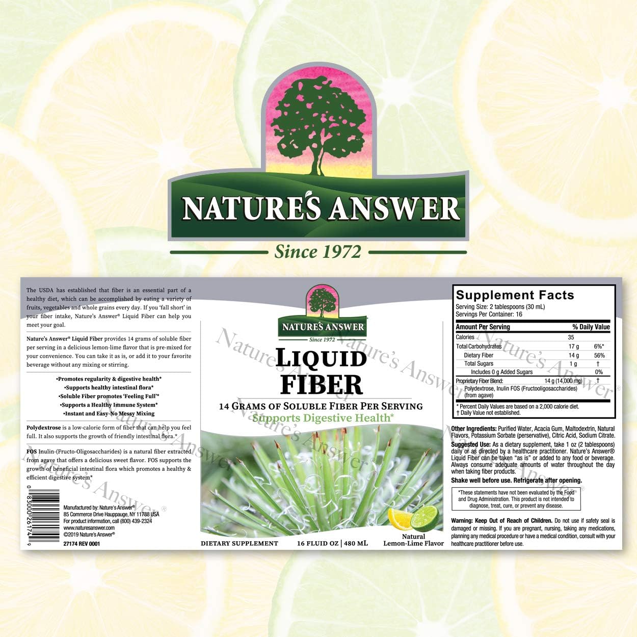 Nature's Answer Fiber Drink 16 Liq | Lemon Lime avored | Supports Digestive Health | Promotes Regularity | Gluten-Free, Non-GMO, Vegan, No Artificial avors or Preservatives | Single Count