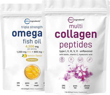 Micro Ingredients Multi Collagen Protein Powder 16Oz & Omega-3 Fish Oil 4,200 Mg Softgels Bundle 2 Pack | Grass-Fed Collagen Peptides | Wild-Caught Fish, Lemon Flavored, Burpless