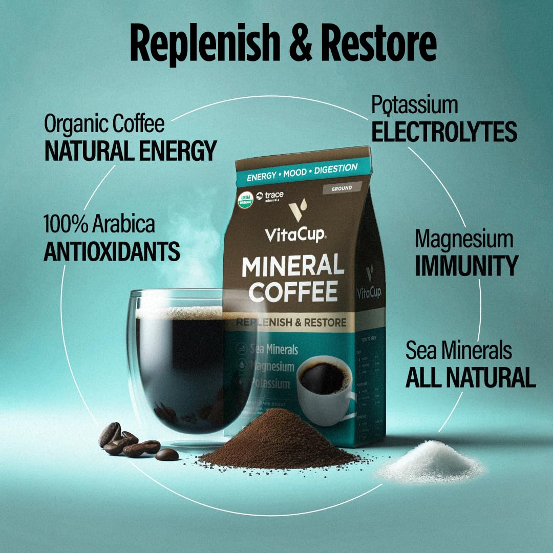 Vitacup Mineral Coffee With Trace Minerals, Hydrate, Replenish & Restore W/All Natural Sea Minerals, Electrolytes, Organic Coffee, Single Origin, Medium Dark Roast, Ground Coffee 10Oz