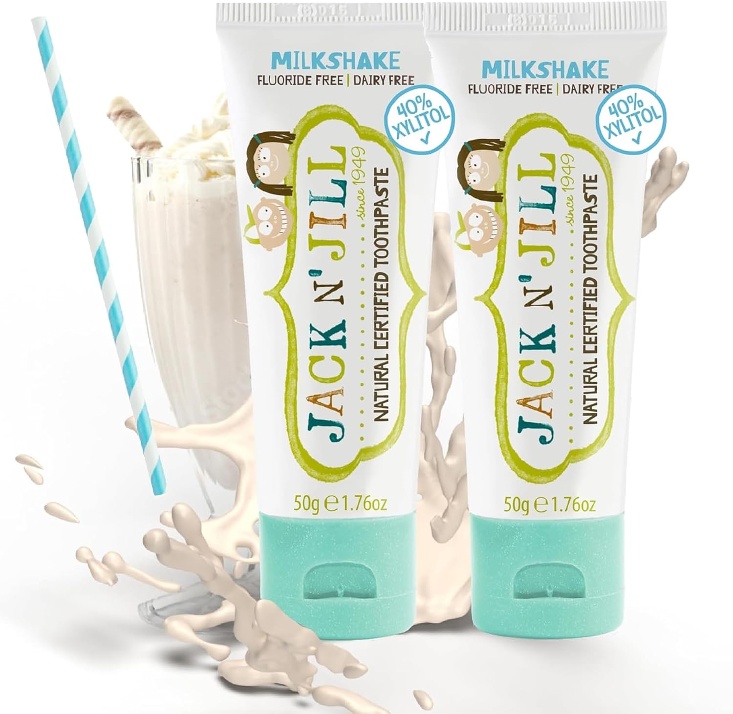 Jack N' Jill Natural Certified Toothpaste - Baby & Toddler Toothpaste, Fluoride-Free, 40% Xylitol, Sugar-Free, Safe For 6 Months And Up, Makes Tooth Brushing Fun, Milkshake Flavour, 2 X 50G