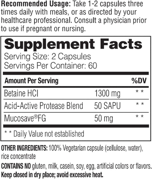 Enzymedica, Betaine Hcl, Occasional Heartburn And Indigestion Support, 60 Capsules