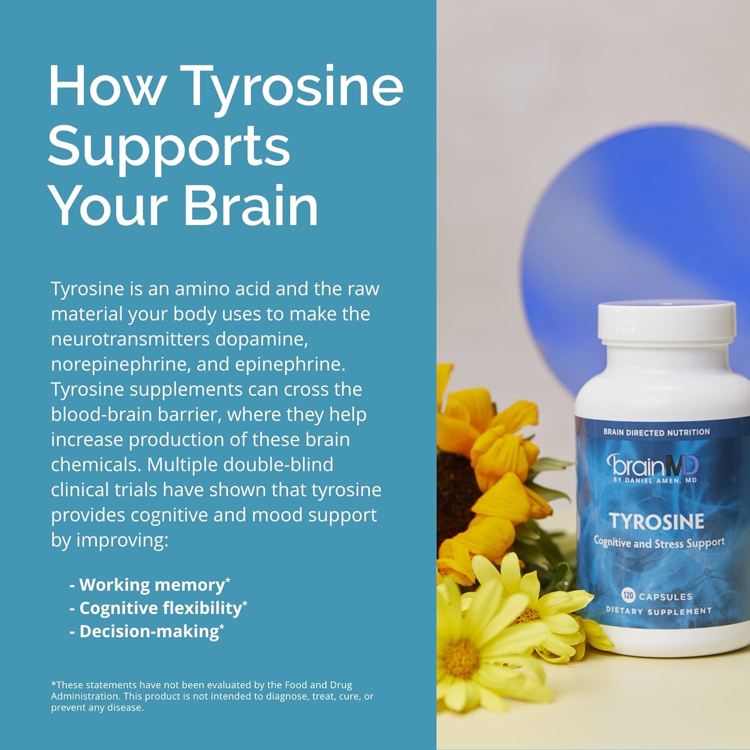 Dr Amen BrainMD Tyrosine - 120 Capsules - Promotes Mental Focus, Clarity & Alertness - Gluten Free - 60 Servings : Health & Household