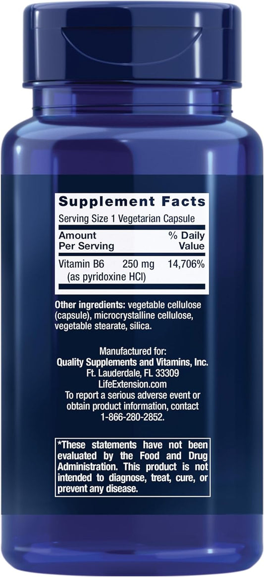 Life Extension Vitamin B6 250 mg ? For Cardiovascular & Neurological Health and Kidney & Eye Health - Gluten-Free, Non-GMO ? 100 Vegetarian Capsules