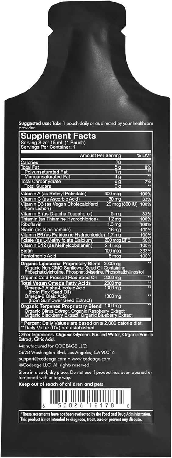 Codeage Daily Men Liquid Vitamins Supplement - Liposomal Multivitamin A, B, C, D, E, Biotin, Omega-3 & Omega-9 - Folate, Niacin, BlackBerry, Vegan - Sugar-Free & Non-GMO - 30 Pouches : Health & Household