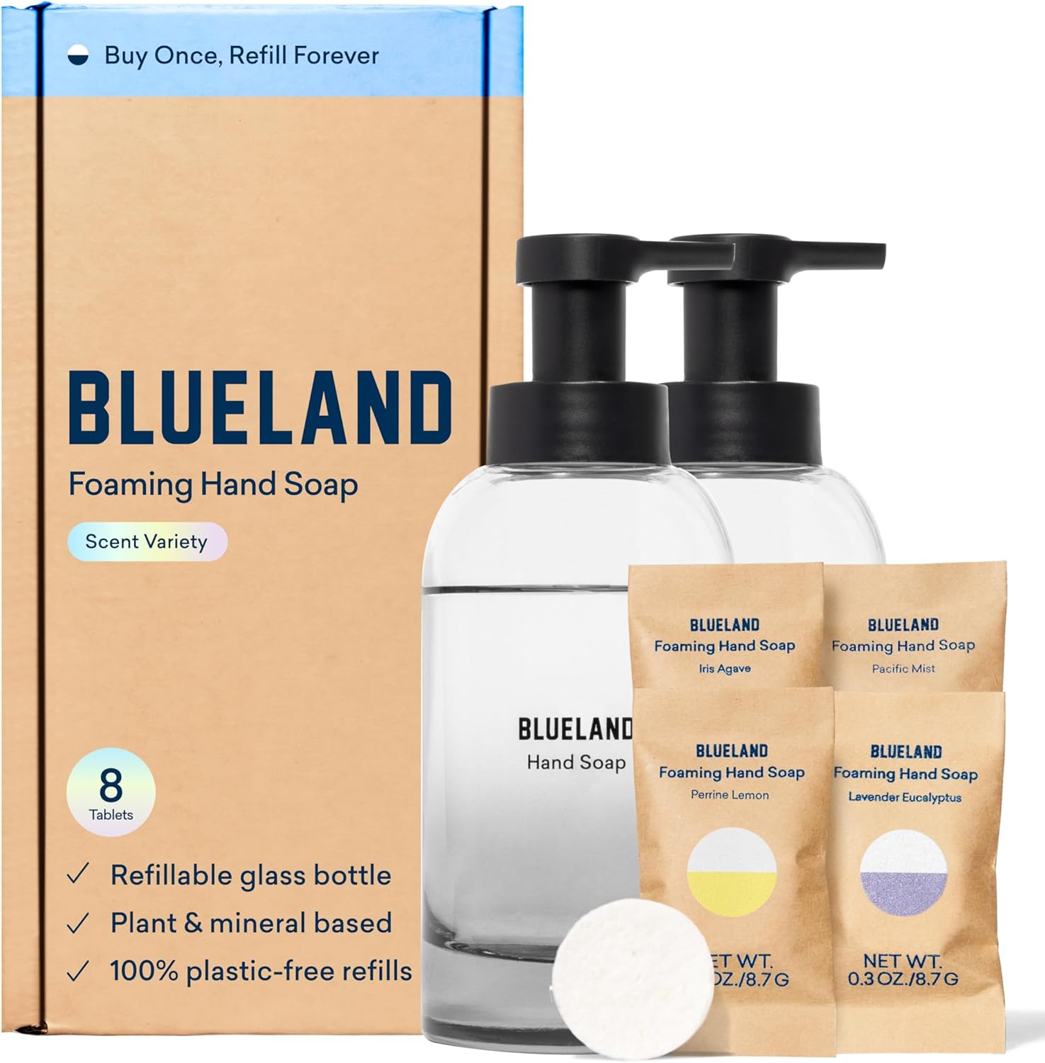 Blueland Hand Soap Starter Set Slate, 1 Refillable Glass Foaming Hand Soap Dispenser With 4 Refill Tablets, Variety Scents, 4 X 9 Fl Oz