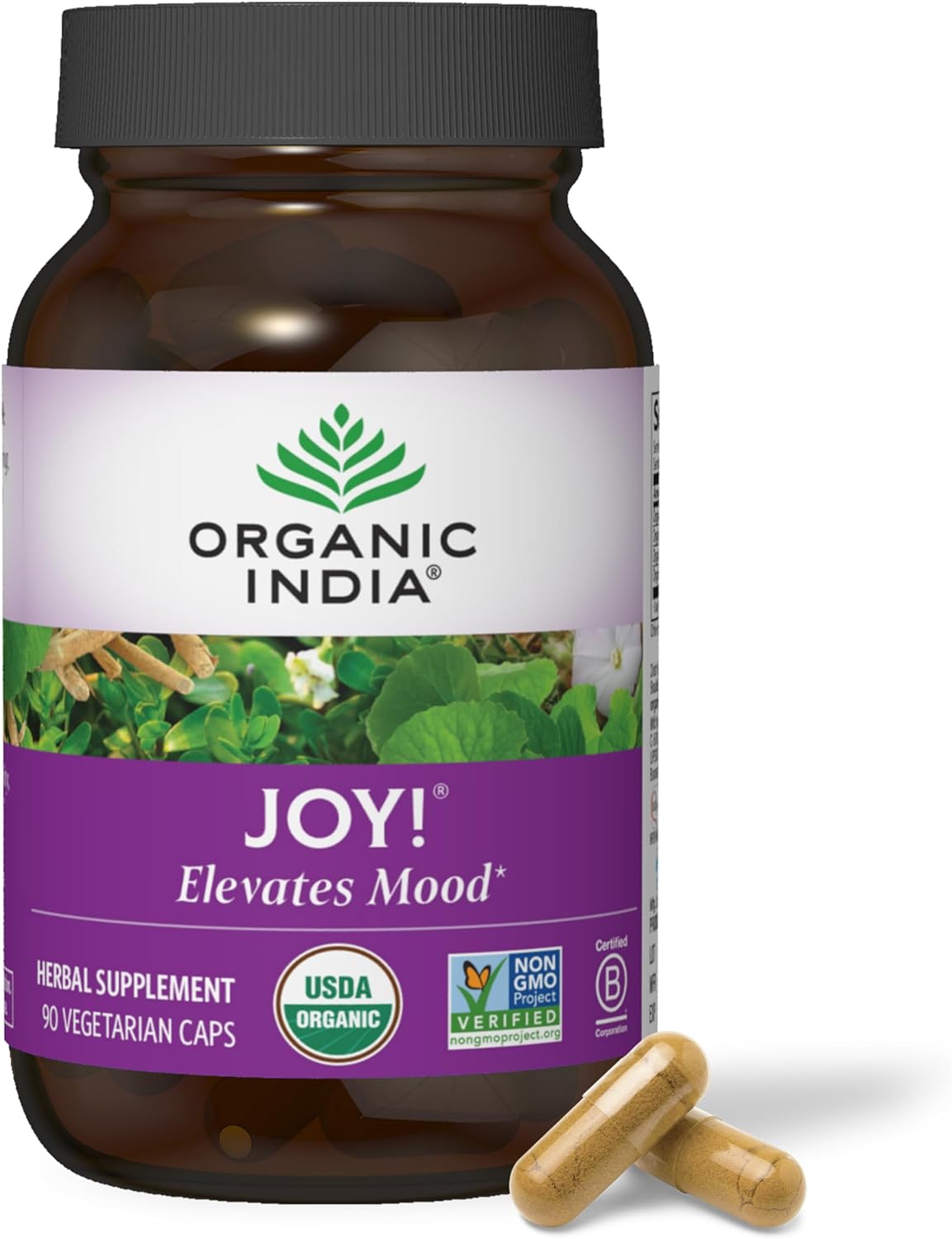 Organic India Joy Herbal Supplement - Immune Support, Promotes Memory & Concentration, Vegan, Gluten-Free, Kosher, USDA Certified Organic, Non-GMO, Calming - 90 Capsules