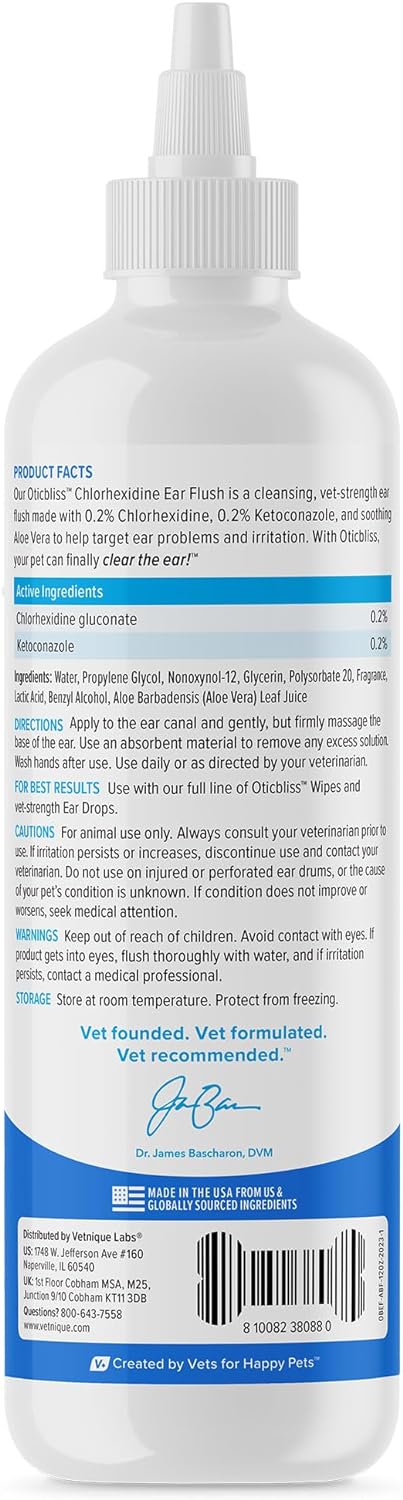 Vetnique Oticbliss Medicated Dog Ear Infection Treatment, Antiseptic Ear Cleaner For Cat & Dog Ear Cleaning Solution With Chlorhexidine & Ketoconazole (12Oz Flush)