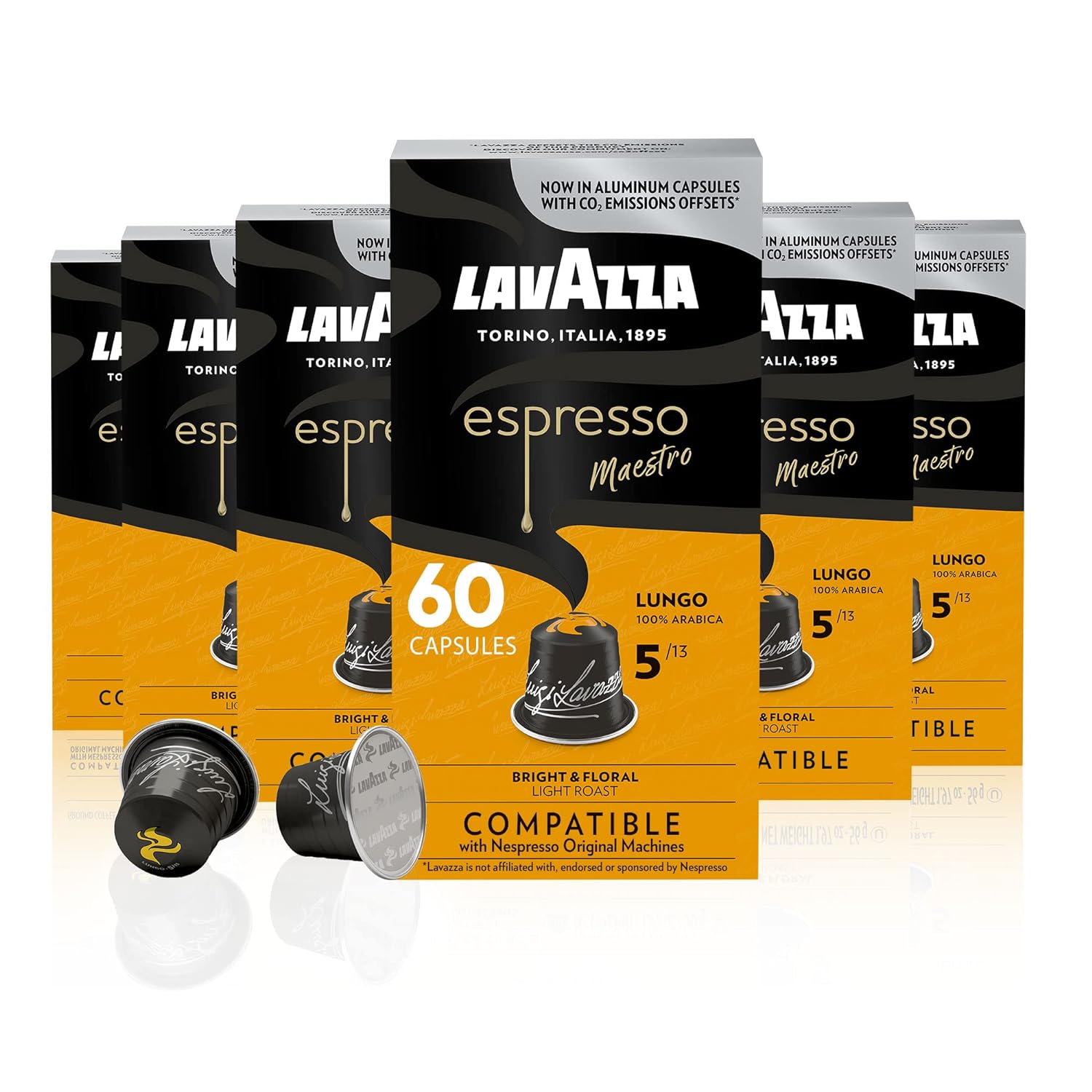 Lavazza Espresso Lungo Light Roast 100% Arabica Aluminum Capsules Compatible With Nespresso Original Machines (Pack Of 60) ,Value Pack, Sweet And Aromatic, Floral Fruity Notes, Intensity 5 13