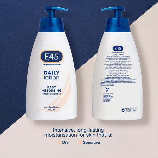 E45 Daily Skin Lotion 400 ml x5 Pack – E45 Lotion for Very Dry Skin – Sooth Dryness Smooth Rough Skin – Non-Greasy Lightweight Moisturiser - Perfume-Free Body Face Hand Cream - Dermatologically Tested