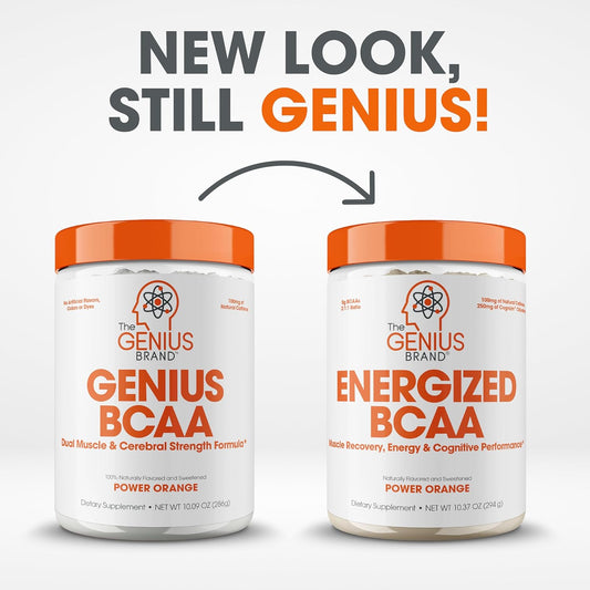 Genius Bcaa Energy Powder, Orange - Nootropic Amino Acids & Muscle Recovery - Natural Vegan Bcaas Workout Supplement For Women & Men (Pre, Intra & Post Workout) - No Artificial Sweeteners