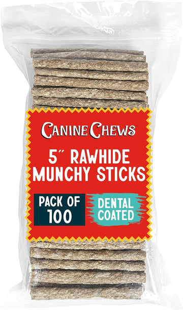 Canine Chews Fresh Breath Small Dog Dental Chew Toy Rawhide 5" Munchy Sticks Extra Dental Care Dental Coated for Fresh Breath (100 Pack)