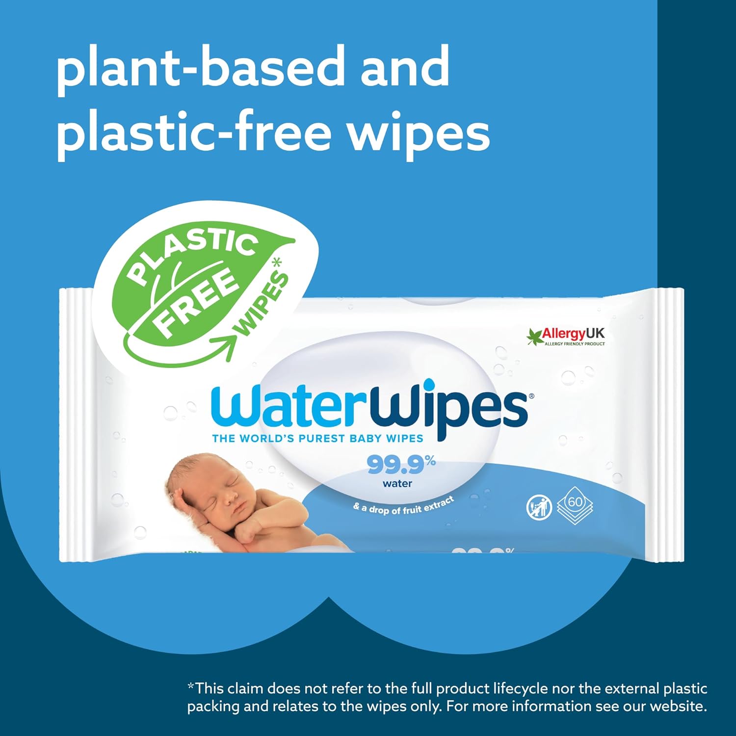 WaterWipes Plastic-Free Original Baby Wipes, 99.9% Water Based Wipes, Unscented & Hypoallergenic for Sensitive Skin, 60 Count (Pack of 12), Packaging May Vary : Baby