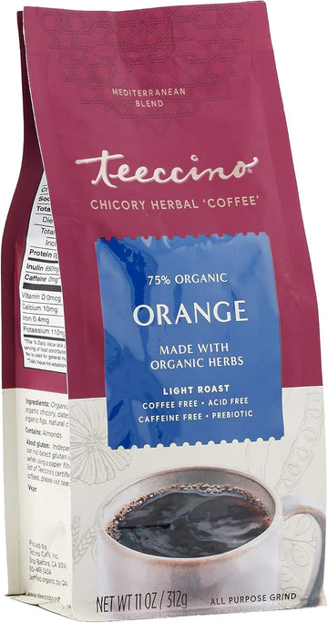 Teeccino Orange Chicory Coffee Alternative - Ground Herbal Coffee That’S Prebiotic, Caffeine Free & Acid Free, Light Roast, 11 Ounce