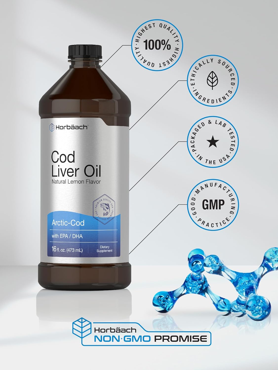 Horbäach Arctic Cod Liver Oil with EPA/DHA | 2 x 16 fl oz | Natural Lemon Flavor | Non-GMO & Gluten Free Liquid Supplement : Health & Household