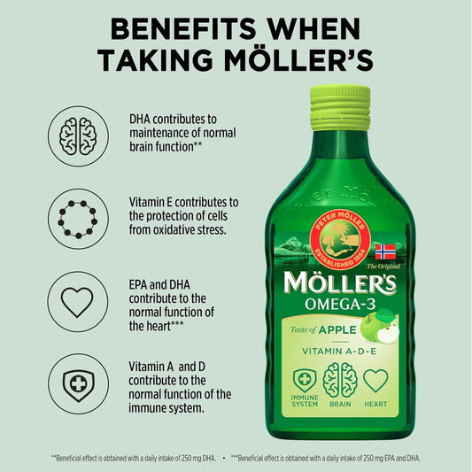 Moller’s ® | Omega 3 Cod Liver Oil | Omega-3 Dietary Supplements with EPA, DHA, Vitamin A, D and E | Superior Taste Award | Pure & Natural cod Liver Oil | 166 Year Old Brand | Apple | 250 ml