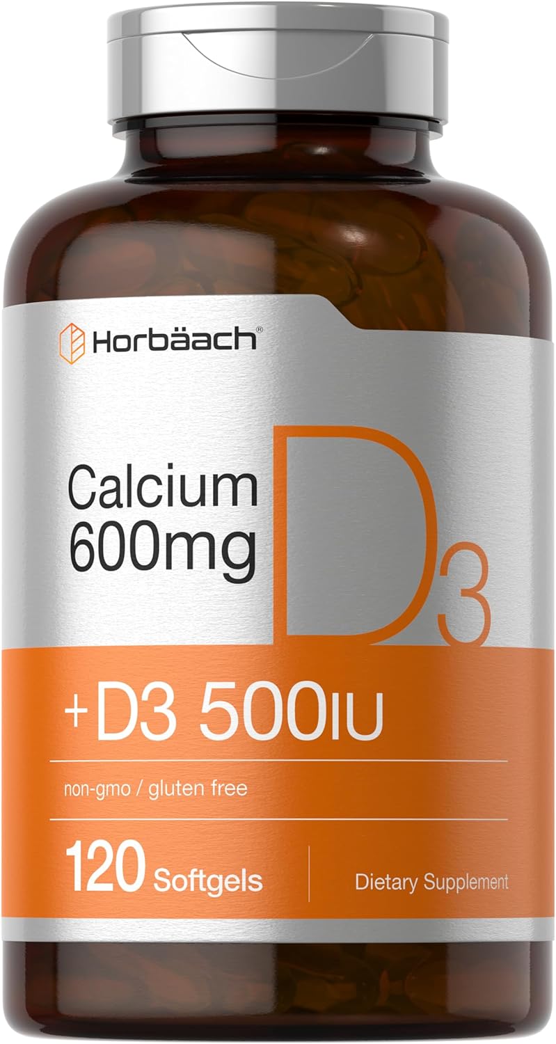 Horbäach Calcium Supplement with Vitamin D3 | 600 mg | 120 Softgels | Non-GMO and Gluten Free