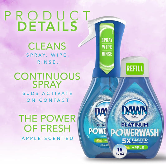 Dawn Powerwash Spray Platinum Dish Soap - Apple Scent + 1 Dawn Powerwash Refill, 16 fl oz each With 6 Multi-Purpose Scrub Sponges for Cleaning Dishes, Pots, and Pans