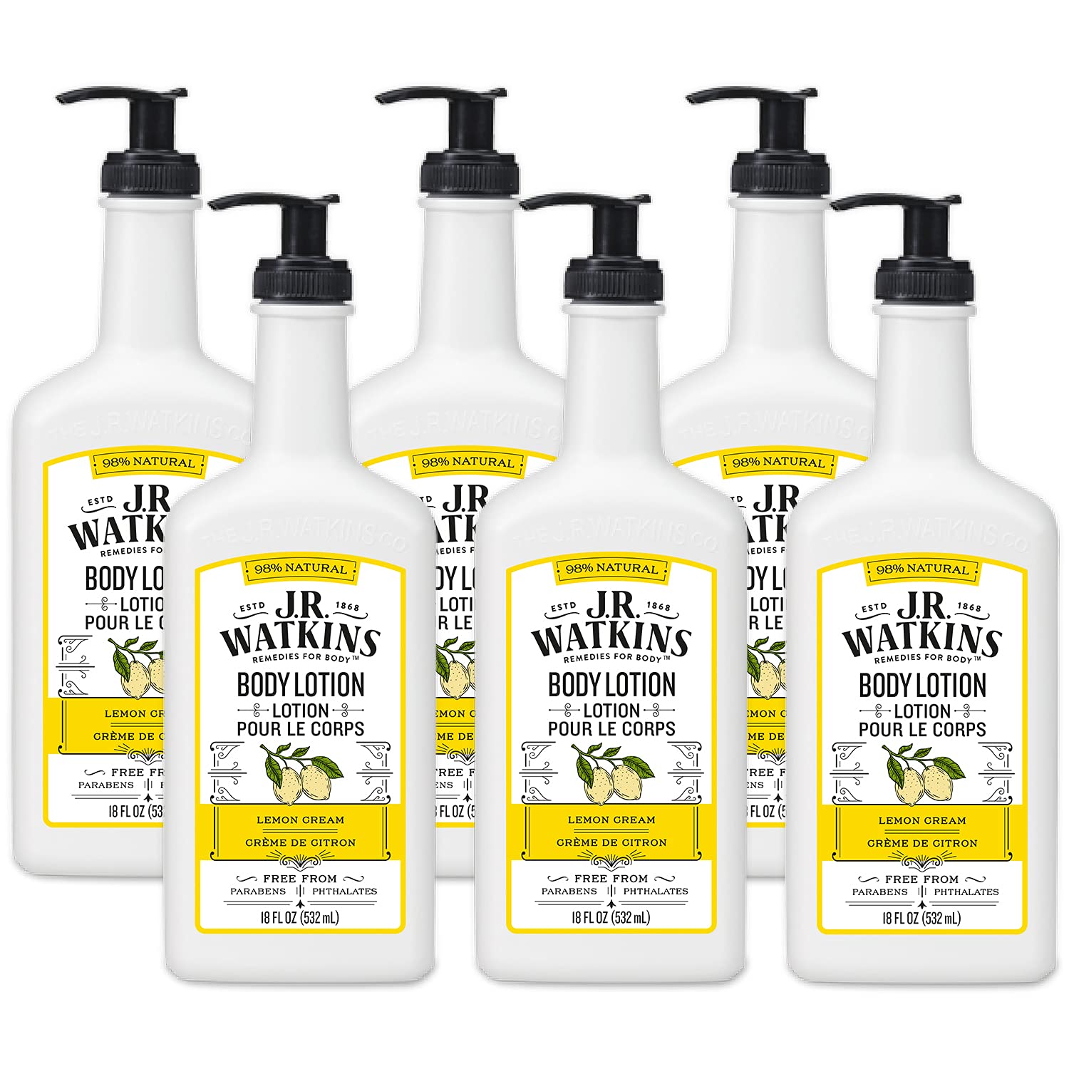 J.R. Watkins Natural Hand & Body Lotion, Lemon Cream, 18 Ounce (Pack Of 6)