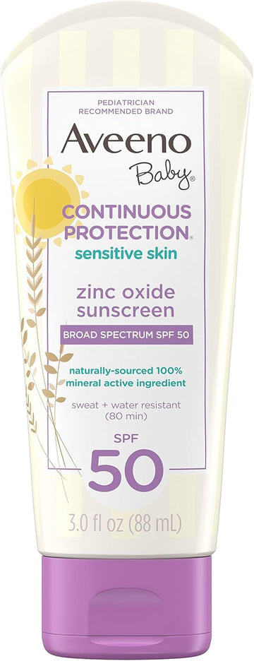 Aveeno Baby Continuous Protection Zinc Oxide Mineral Sunscreen Lotion For Sensitive Skin With Broad Spectrum Spf 50, Tear-Free, Sweat- & Water-Resistant, Travel-Size, 3 Fl. Oz