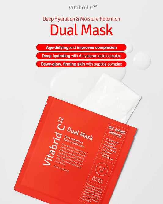 Dual Mask Korean Face Mask For Anti Aging, Firming, Hydrating, Nourishing With Highly Concentrated Peptide, Vitamin C Essence - Hypoallergenic Microfiber Sheet, 1.02 Fl.Oz. 5 Sheets