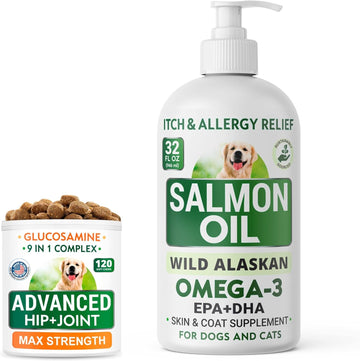 32Oz Salmon Oil + 120Ct Glucosamine Treats Bundle - Skin & Coat Support + Old Dog Joint Pain Relief - Epa + Dha Fatty Acids + Chondroitin, Omega-3 - Advanced Immune, Heart & Joint Health - Made In Usa