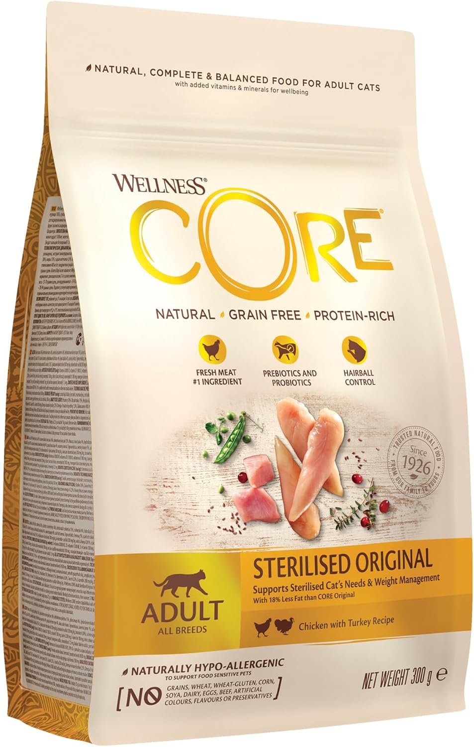 Wellness CORE Sterilised Original, Dry Cat Food, Cat Food Dry Sterilised Cats, Grain Free, High Meat Content, Turkey & Chicken, 300 G?10725