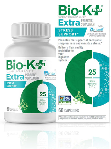 Bio K+ Extra Stress Support With Sensoril - Ashwagandha – Vegan Probiotics Supplement For Everyday Stress, Supports Sleep - 25 Billion Cfu 3 Strains – 60 Capsules