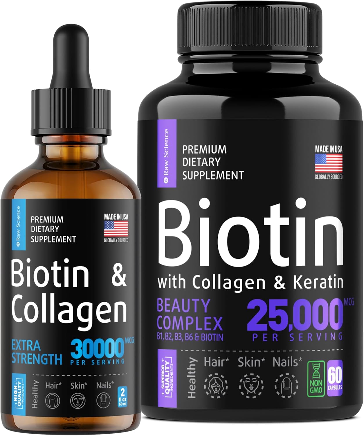 S Raw Science Vitamins For Healthy Hair, Skin And Nails - Biotin & Collagen & Keratin Capsules 25000Mcg 60Pcs And Biotin & Collagen Drops 30000Mcg 2Oz