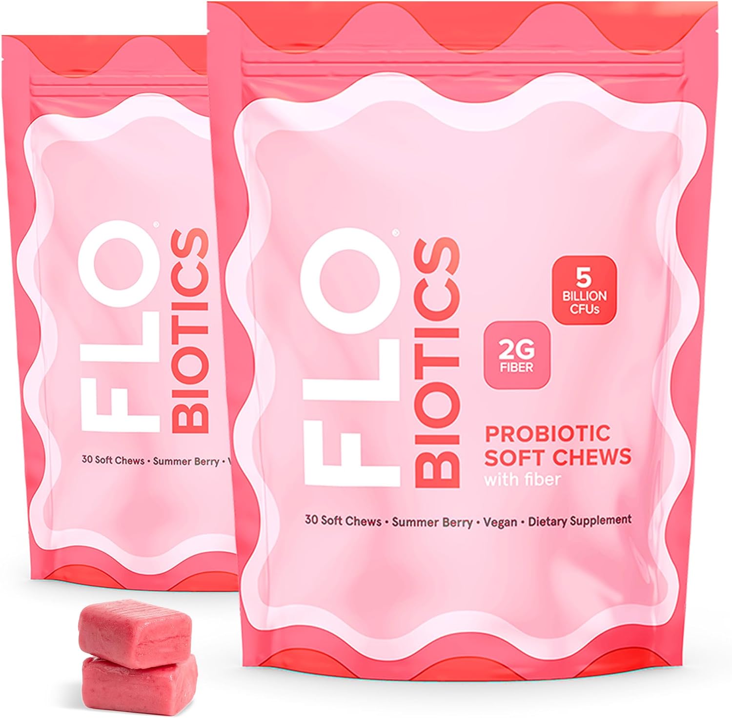 Flo-Biotics Chewable Probiotics For Women Soft Chews With Fiber  Vegan Probiotics For Women Digestive Health  Soft Chew Probiotic Gummies For Women Gut Health Supplement  Berry Flavor (60 Count)