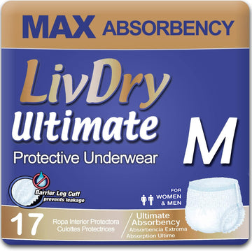 Livdry Ultimate Adult Incontinence Underwear, High Absorbency, Leak Cuff Protection, Medium, 17-Pack