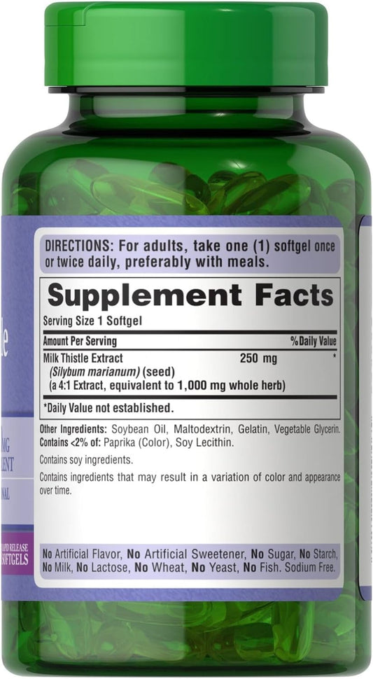 Puritan'S Pride Milk Thistle 4:1 Extract 1000 Mg (Silymarin) Softgels,For Liver Support ,180 Count